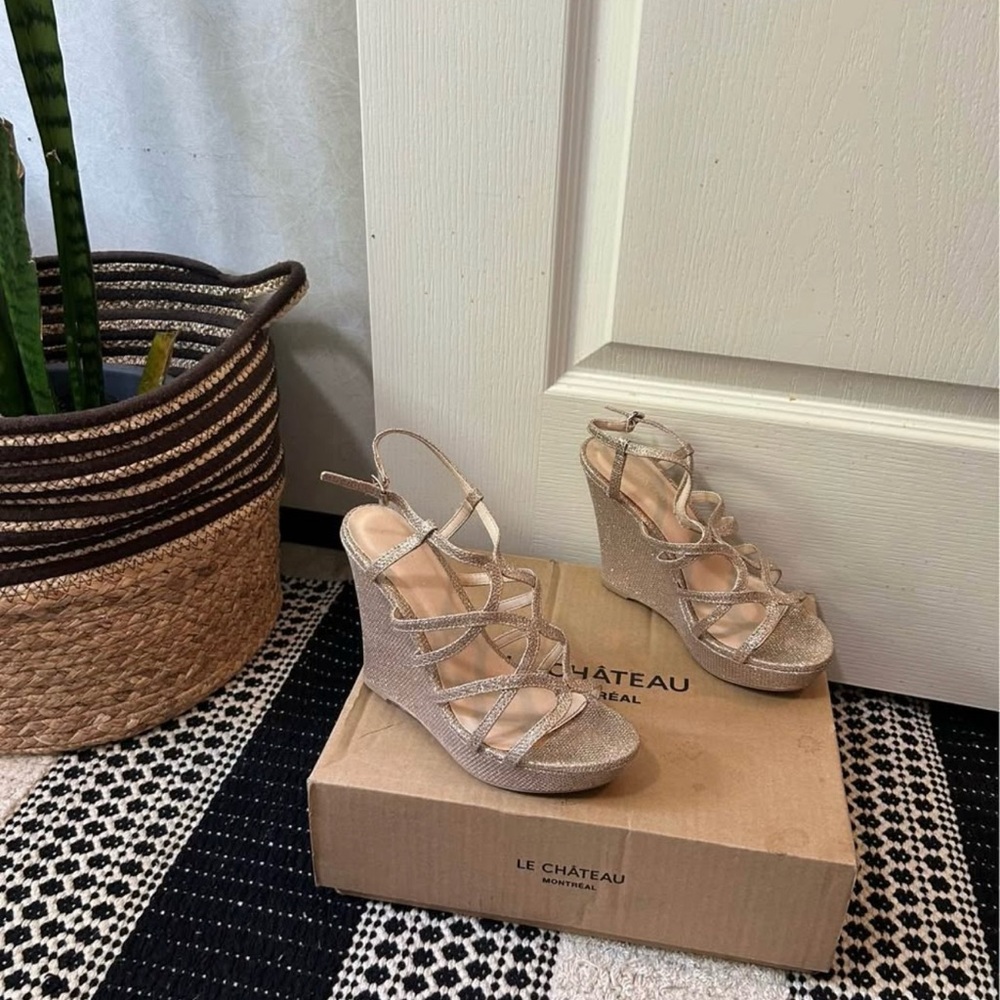 Le Chateau Women's Sparkling Beige Wedge Sandals